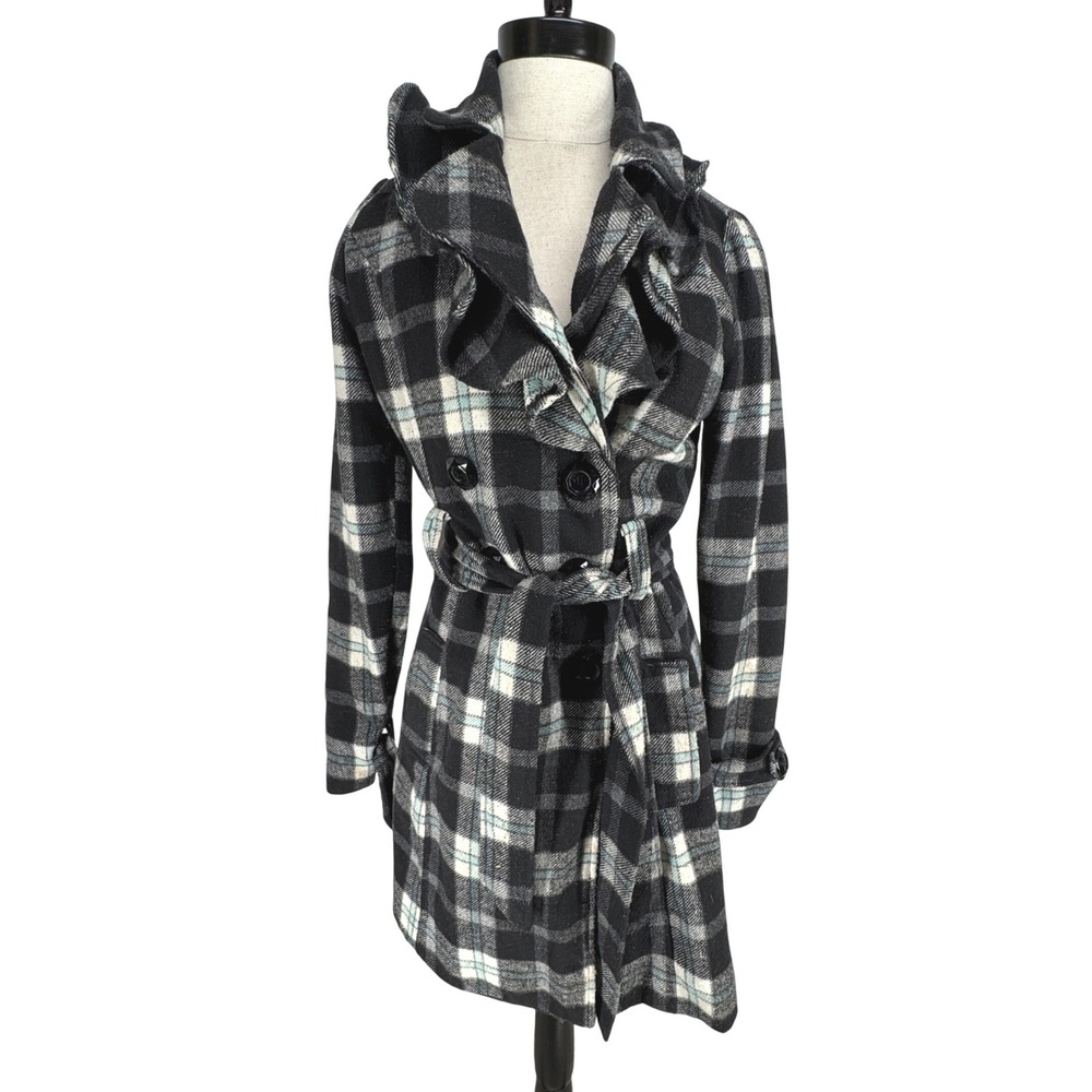 Vintage Y2K Black Plaid Ruffle Collar Belted Wool Blend Pea Coat Size Medium